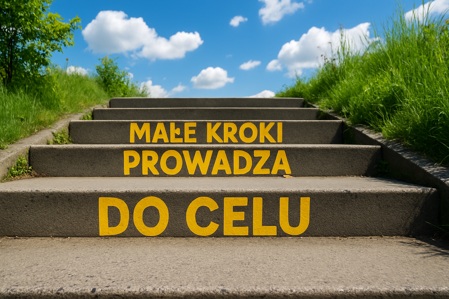 Schody, na których znajduje się żółty napis ,,Małe kroki prowadzą do celu''
