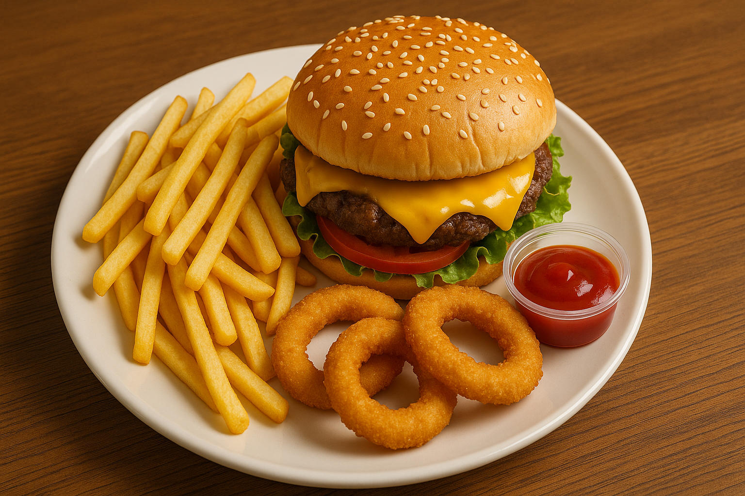 Talerz, na którym znajdują się frytki, burger, krążki cebulowe i sos pomidorowy w kubeczku.