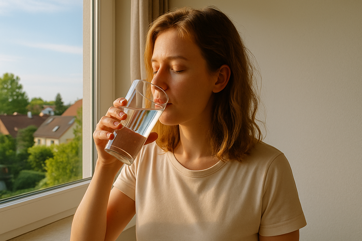 Kobieta pijąca wodę o poranku