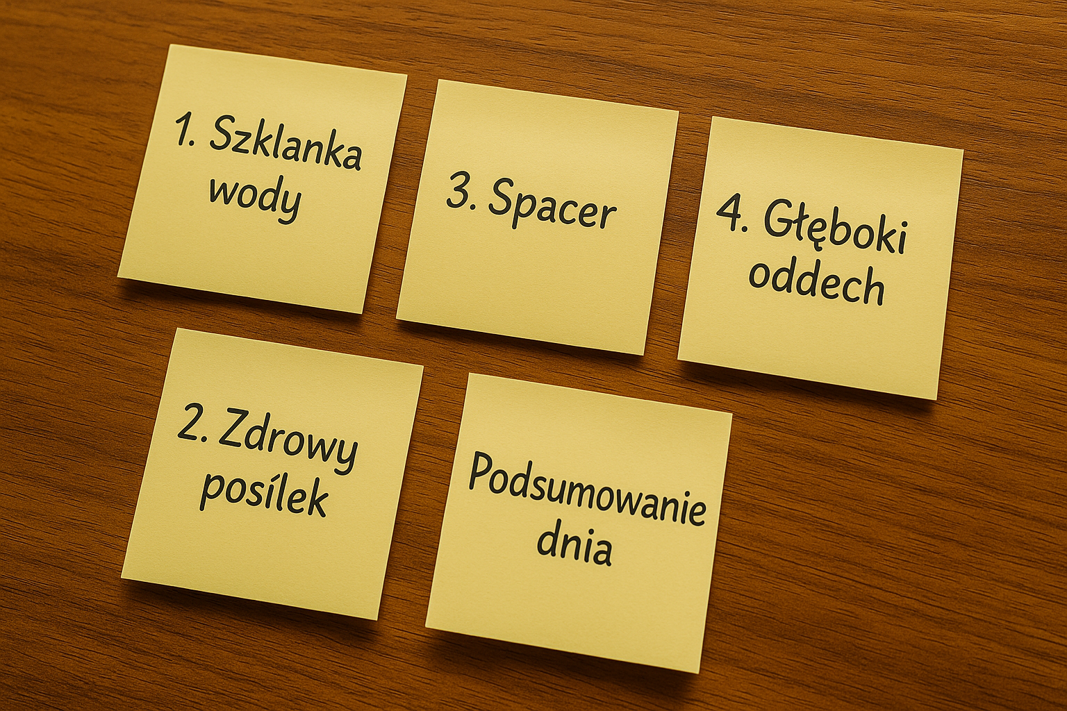 Na zdjęciu widoczne jest 5 kartek, na nich napisy: szklanka wody, spacer, głęboki oddech, zdrowy posiłek i podsumowanie dnia